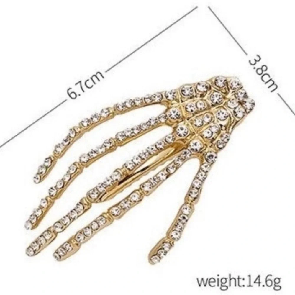 Skeleton hands Halloween hair clips rhinestone studded gold​​ Red Nail New x2